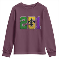 Funny Mardi Gras Mobile Alabama Youth Sweatshirt 251 Area Code Glitter Print Fleur De Lis