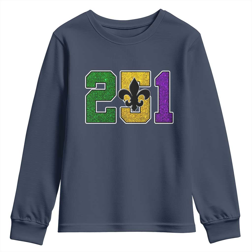 Funny Mardi Gras Mobile Alabama Youth Sweatshirt 251 Area Code Glitter Print Fleur De Lis