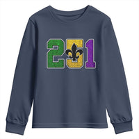 Funny Mardi Gras Mobile Alabama Youth Sweatshirt 251 Area Code Glitter Print Fleur De Lis