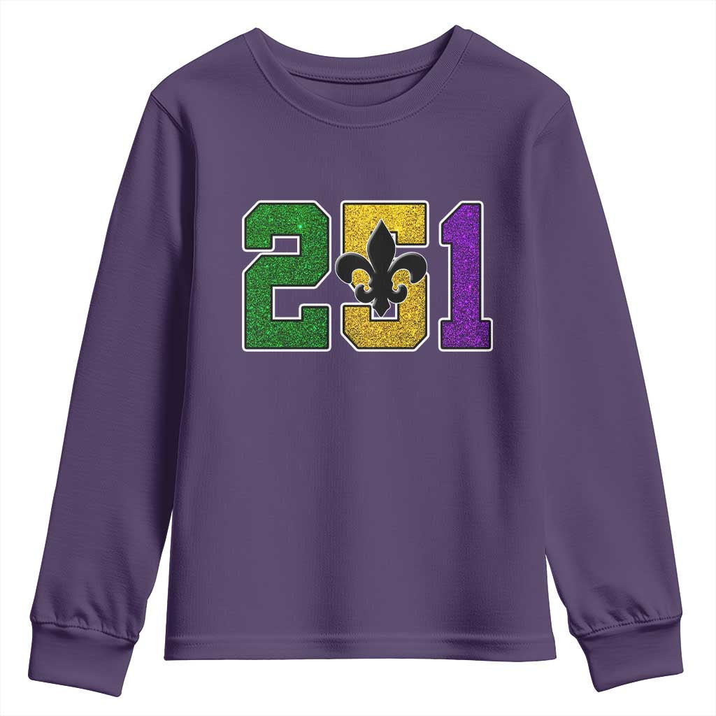 Funny Mardi Gras Mobile Alabama Youth Sweatshirt 251 Area Code Glitter Print Fleur De Lis