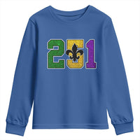 Funny Mardi Gras Mobile Alabama Youth Sweatshirt 251 Area Code Glitter Print Fleur De Lis