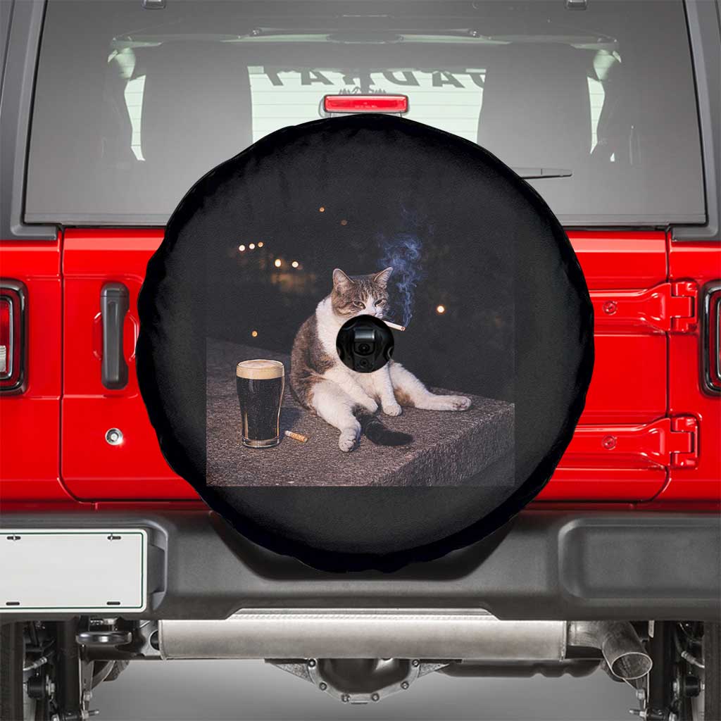 Funny Cigarette And Drinking Irish Stout Beer Cat Meme Spare Tire Cover