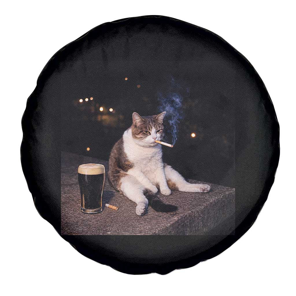 Funny Cigarette And Drinking Irish Stout Beer Cat Meme Spare Tire Cover