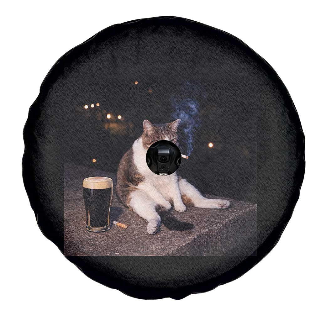 Funny Cigarette And Drinking Irish Stout Beer Cat Meme Spare Tire Cover