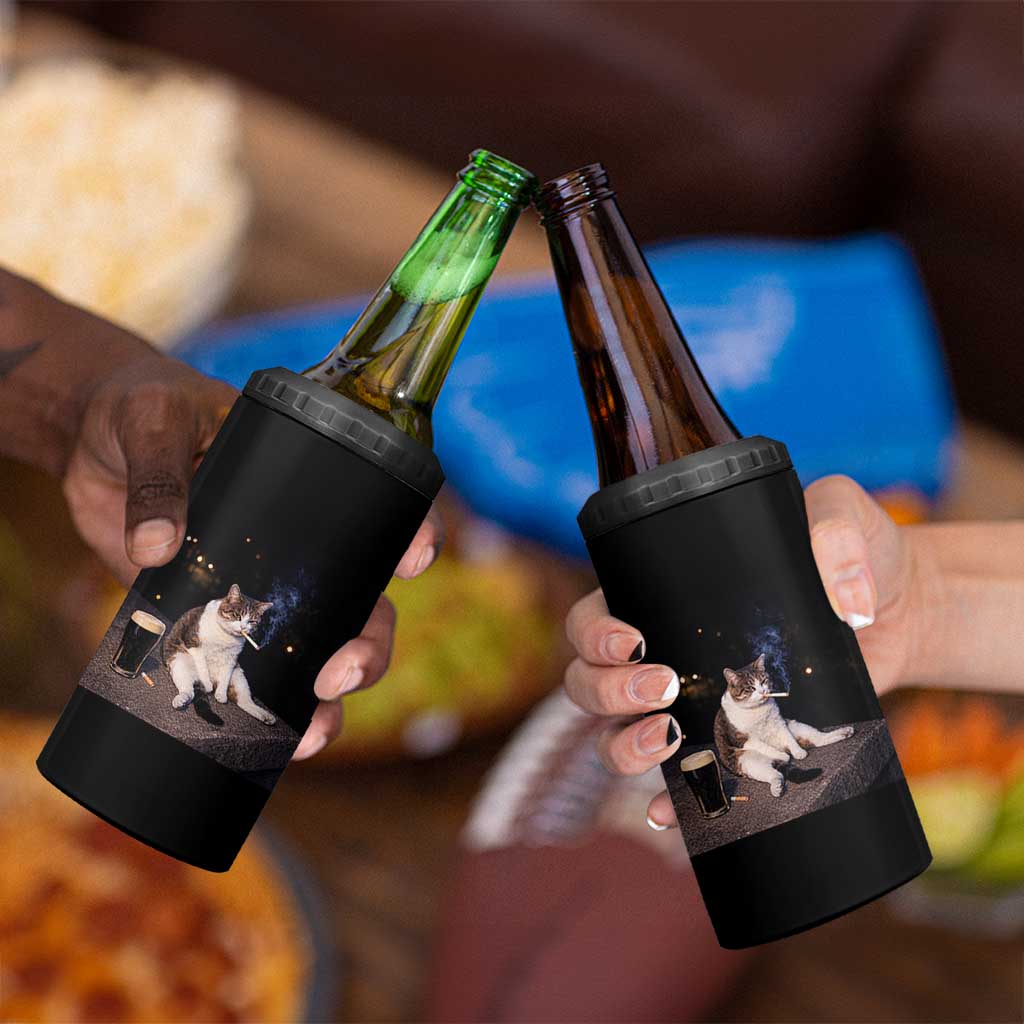 Funny Cigarette And Drinking Irish Stout Beer Cat Meme 4 in 1 Can Cooler Tumbler