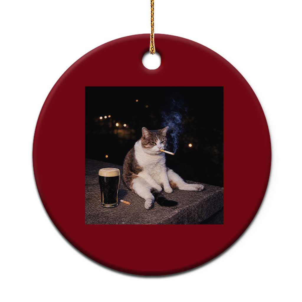 Funny Cigarette And Drinking Irish Stout Beer Cat Meme Ceramic Ornament