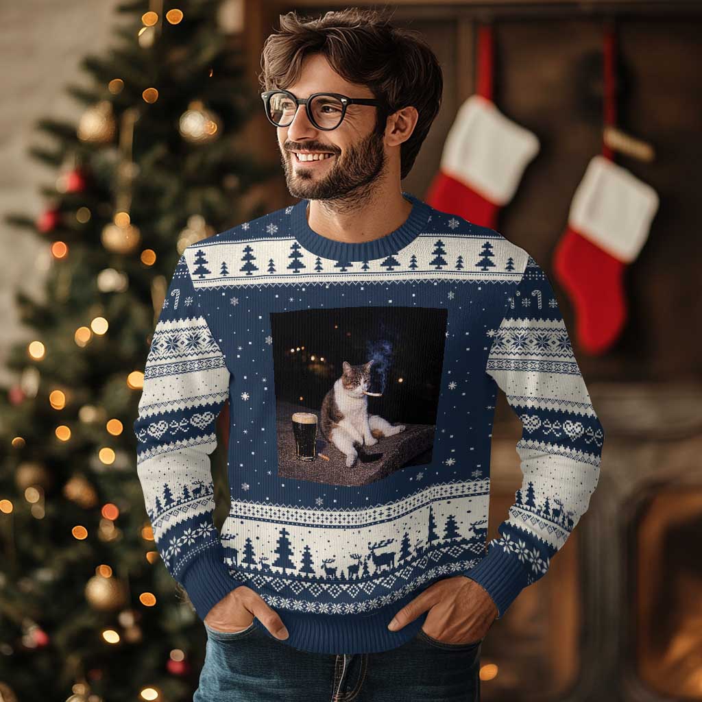Funny Cigarette And Drinking Irish Stout Beer Cat Meme Ugly Christmas Sweater