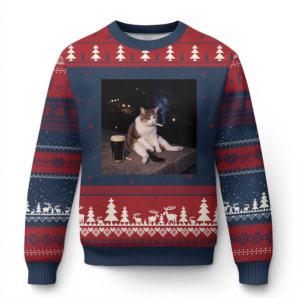 Funny Cigarette And Drinking Irish Stout Beer Cat Meme Ugly Christmas Sweater