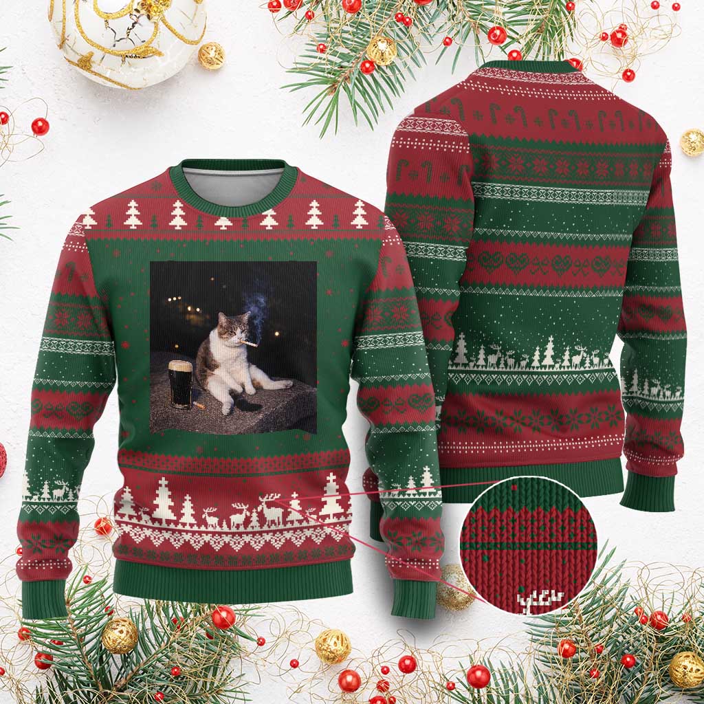 Funny Cigarette And Drinking Irish Stout Beer Cat Meme Ugly Christmas Sweater
