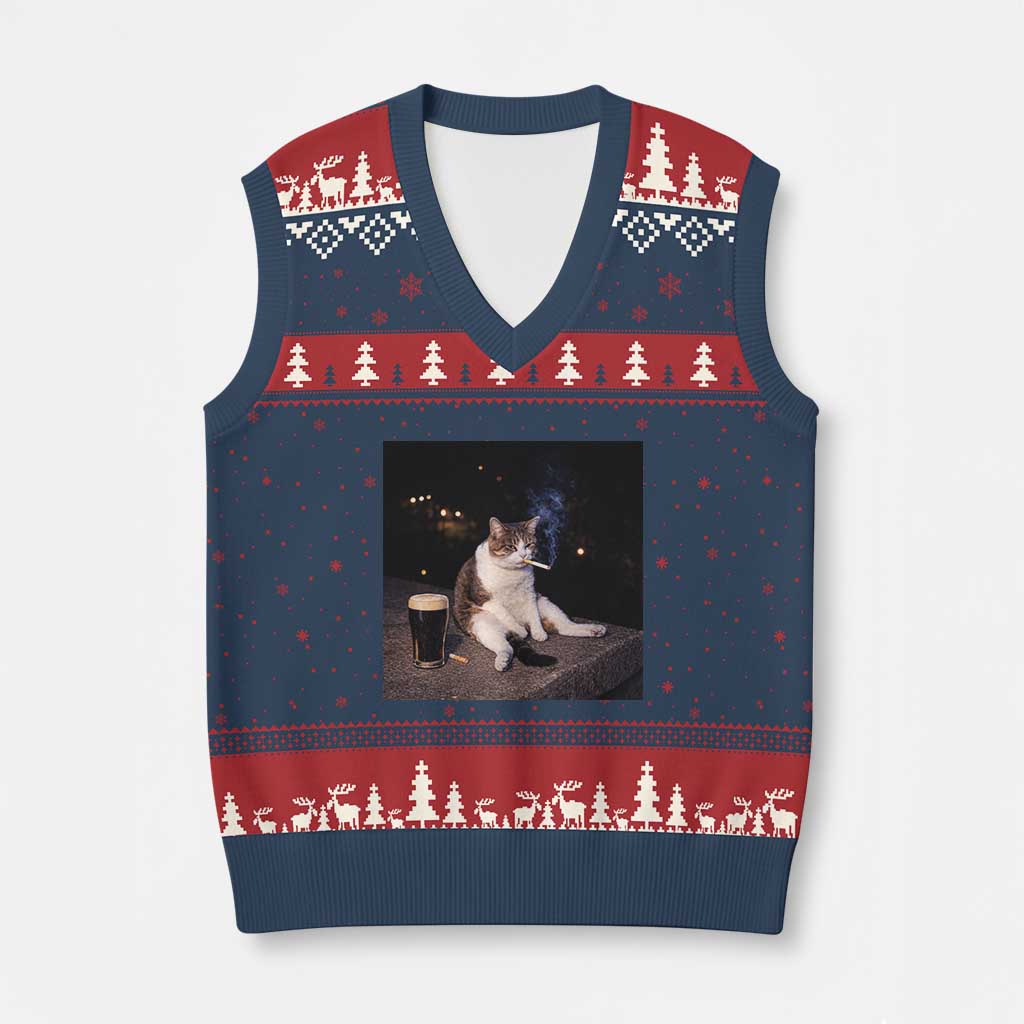 Funny Cigarette And Drinking Irish Stout Beer Cat Meme V-Neck Knit Sweater Vest