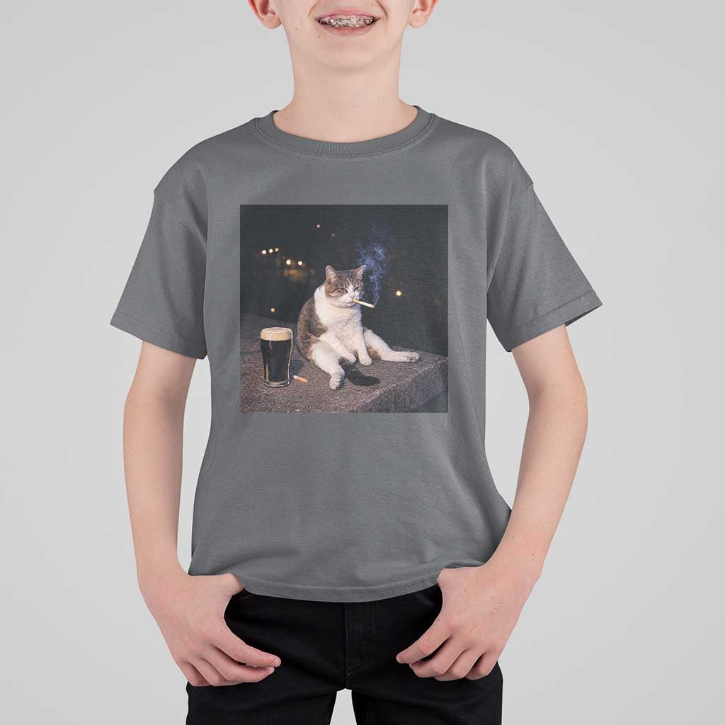 Funny Cigarette And Drinking Irish Stout Beer Cat Meme T Shirt For Kid