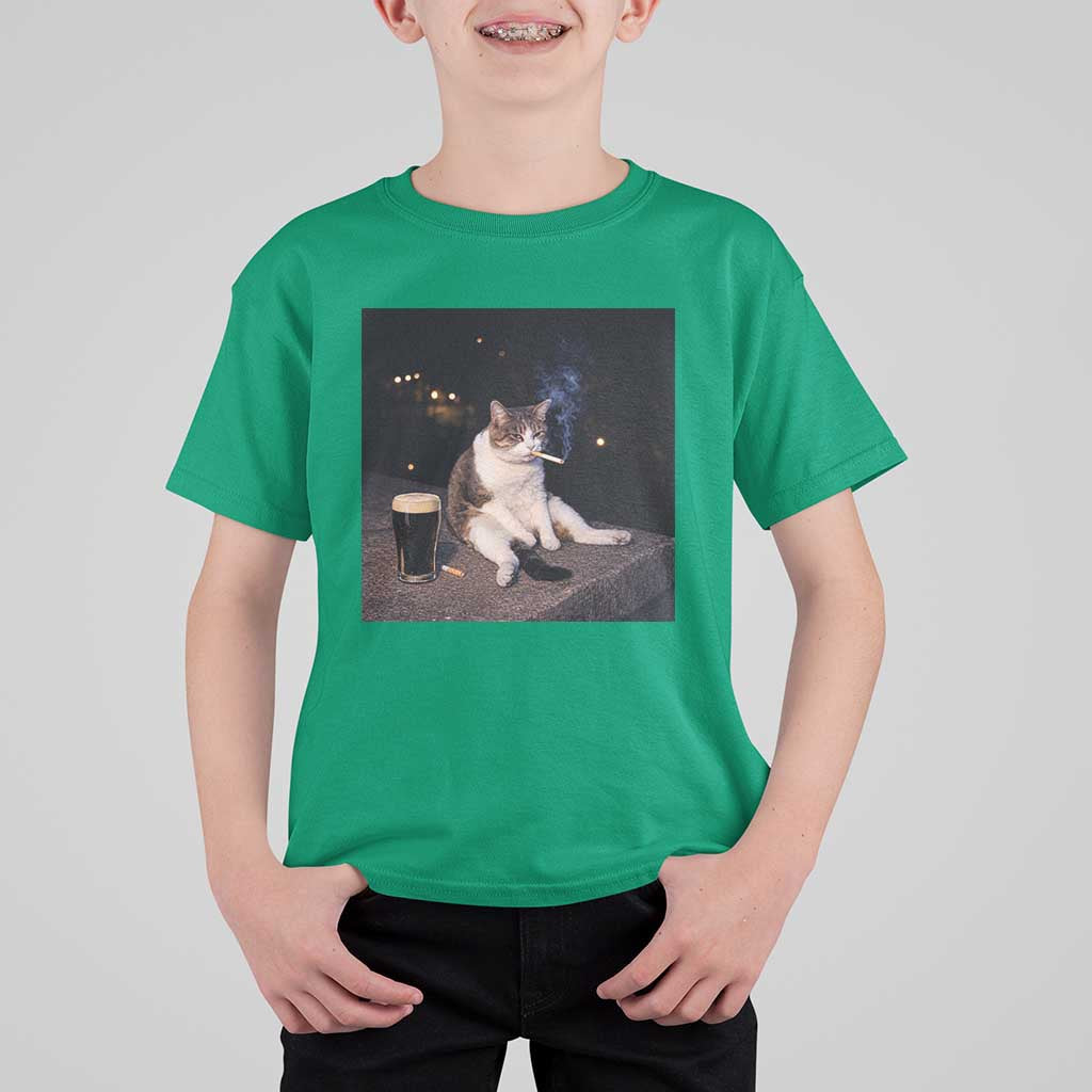 Funny Cigarette And Drinking Irish Stout Beer Cat Meme T Shirt For Kid