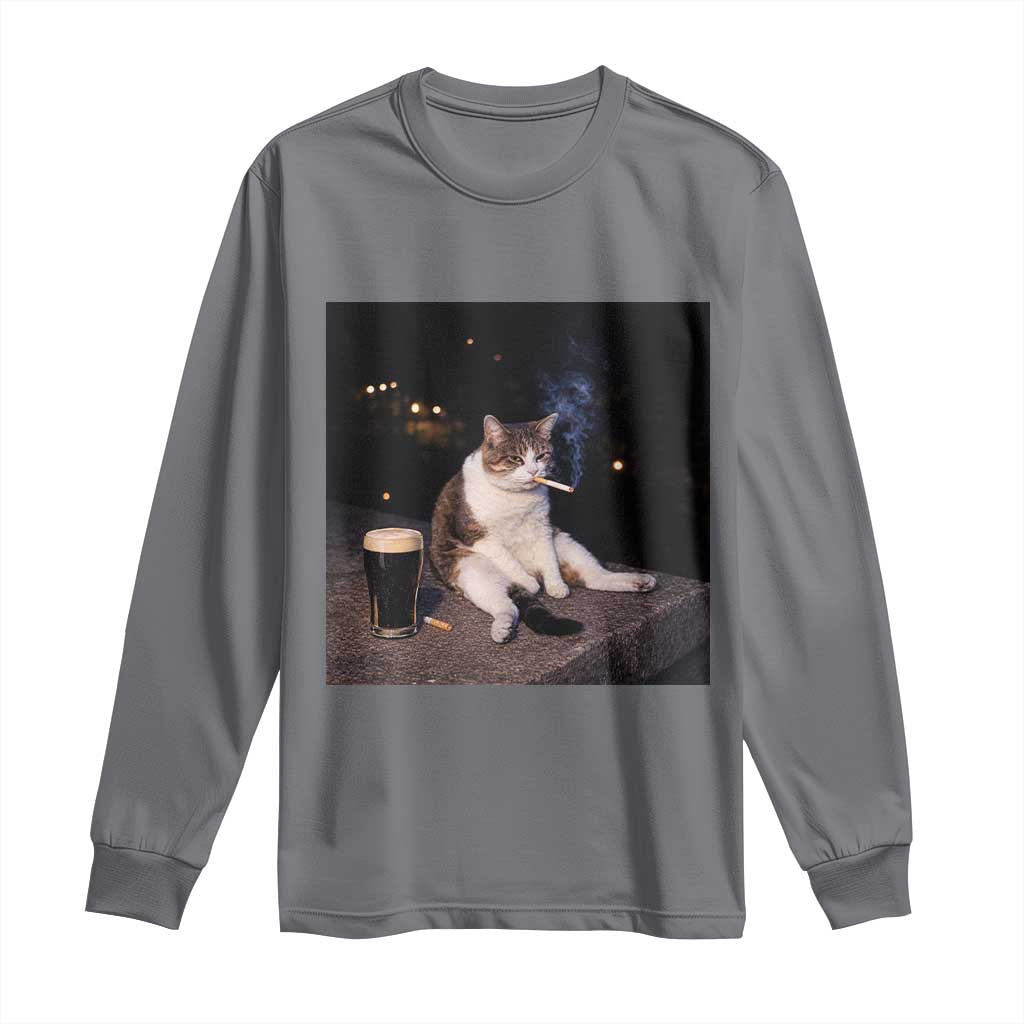 Funny Cigarette And Drinking Irish Stout Beer Cat Meme Long Sleeve Shirt