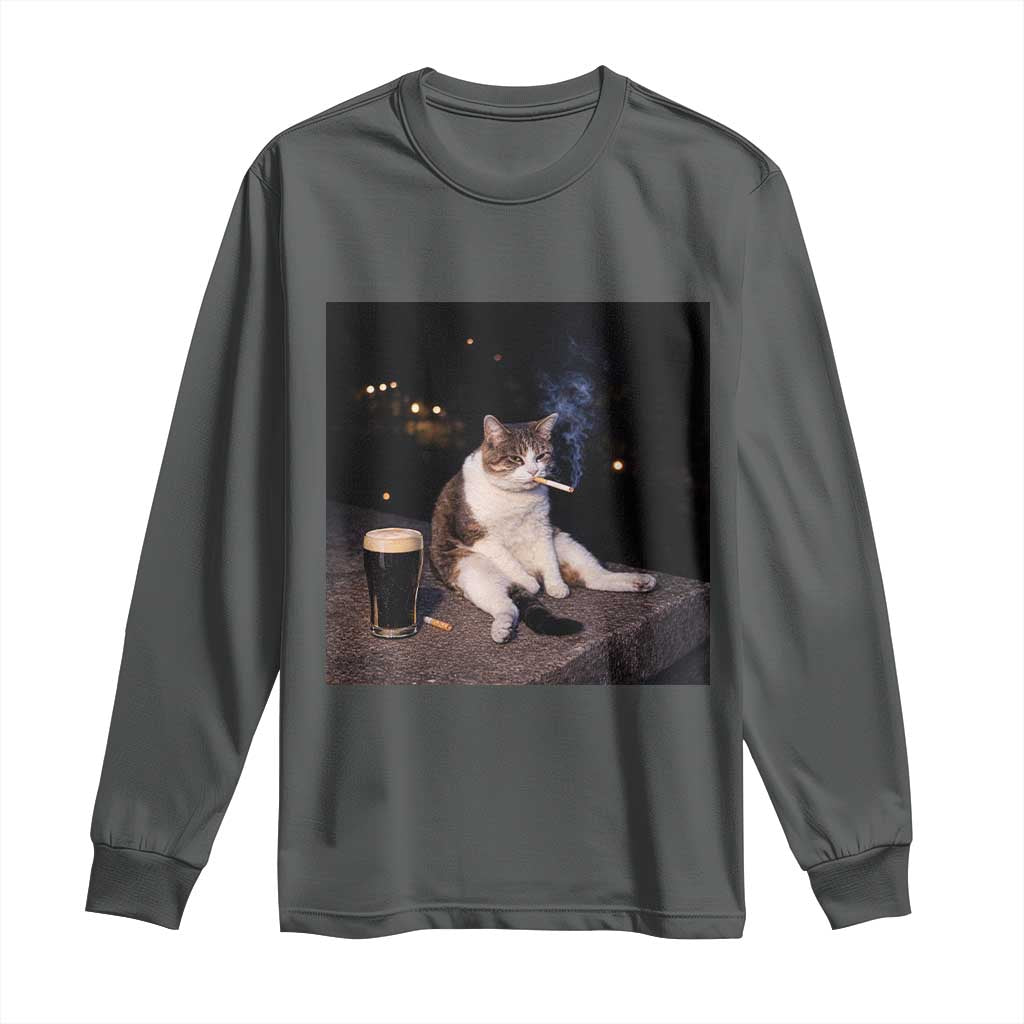 Funny Cigarette And Drinking Irish Stout Beer Cat Meme Long Sleeve Shirt