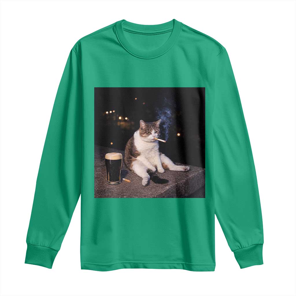 Funny Cigarette And Drinking Irish Stout Beer Cat Meme Long Sleeve Shirt