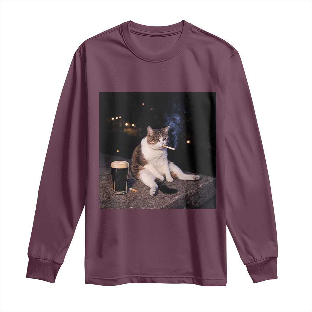 Funny Cigarette And Drinking Irish Stout Beer Cat Meme Long Sleeve Shirt