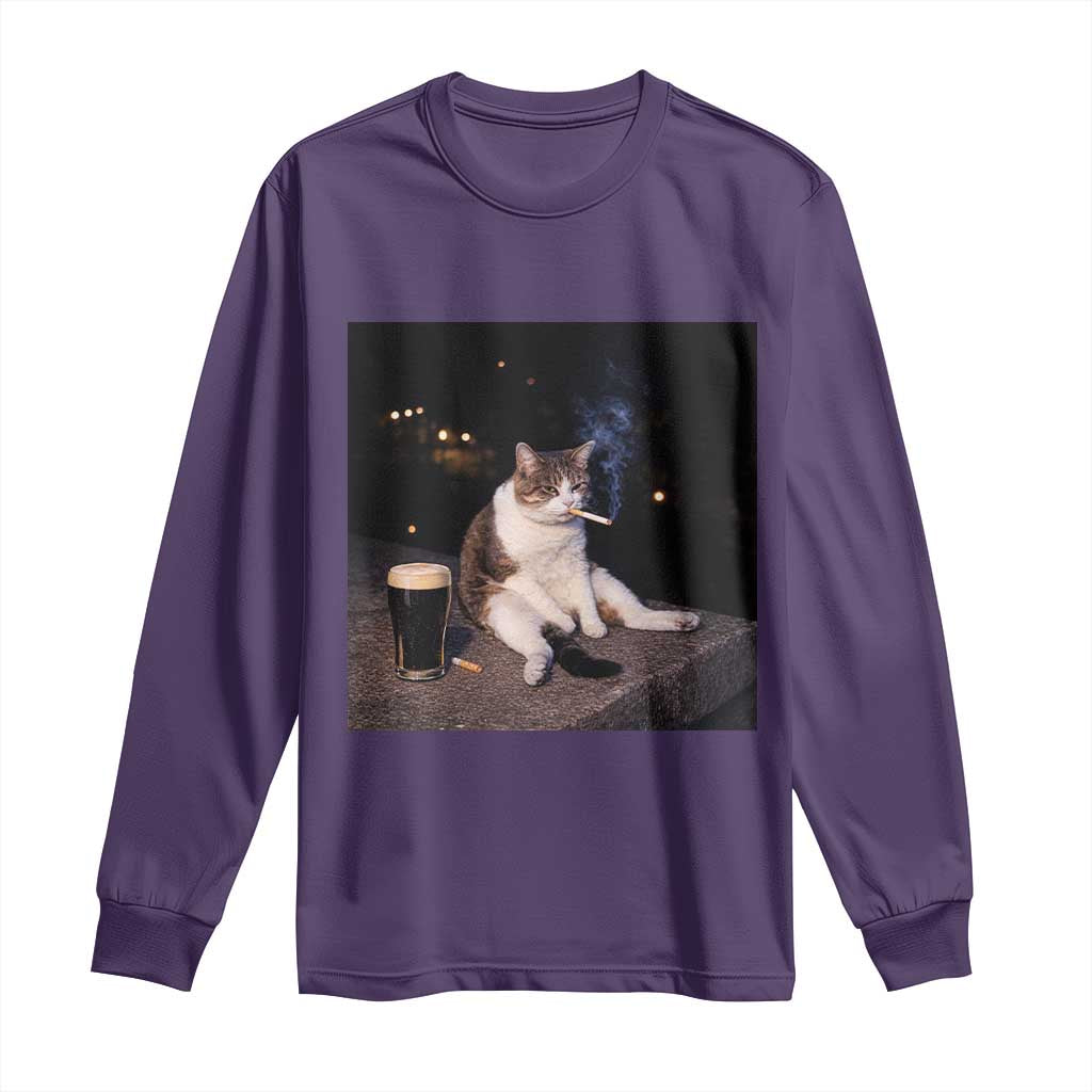 Funny Cigarette And Drinking Irish Stout Beer Cat Meme Long Sleeve Shirt