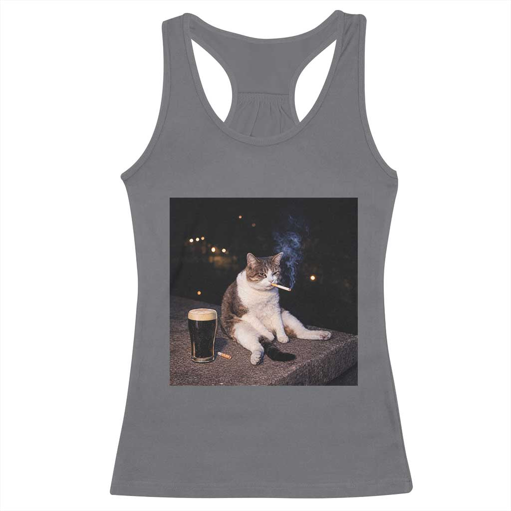 Funny Cigarette And Drinking Irish Stout Beer Cat Meme Racerback Tank Top