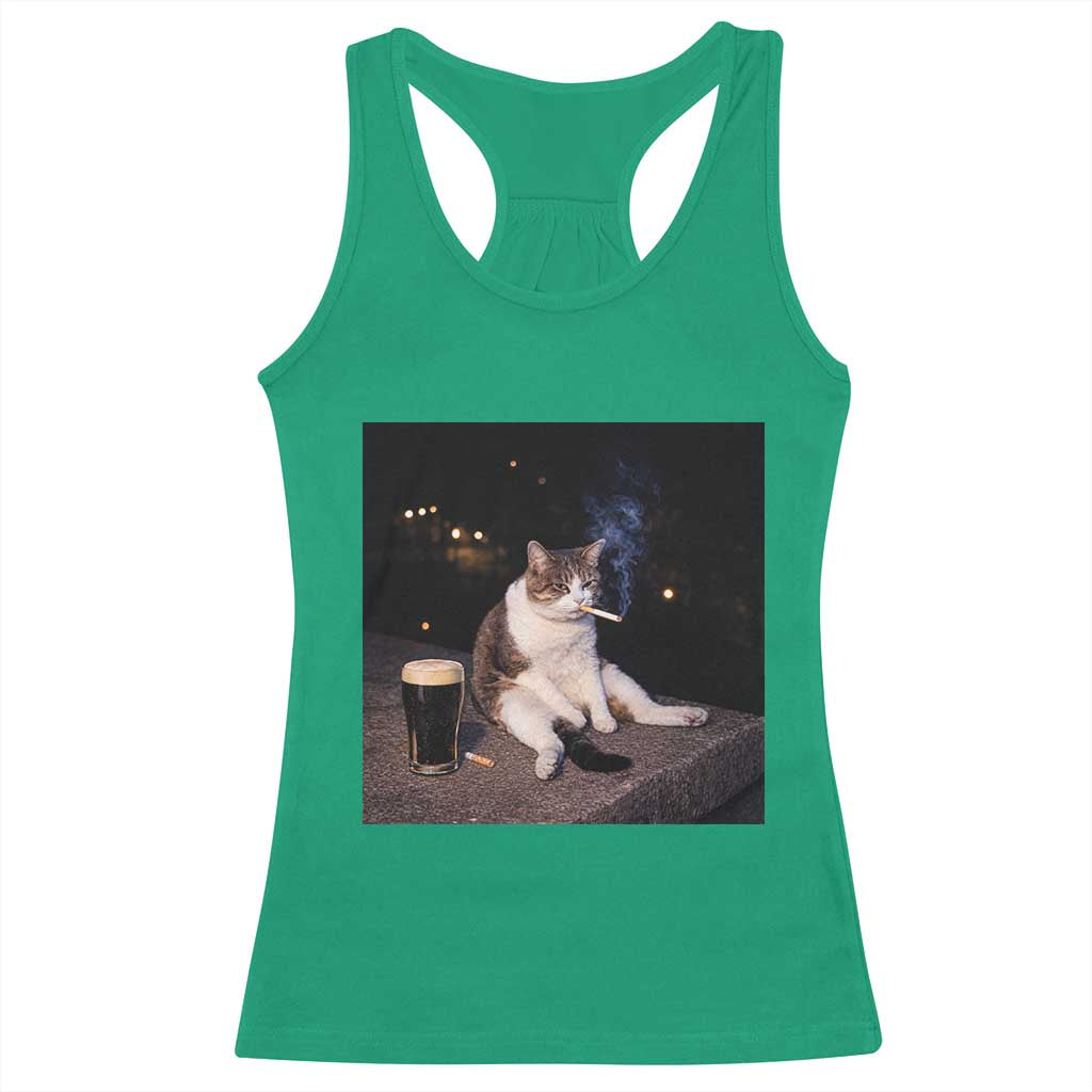 Funny Cigarette And Drinking Irish Stout Beer Cat Meme Racerback Tank Top