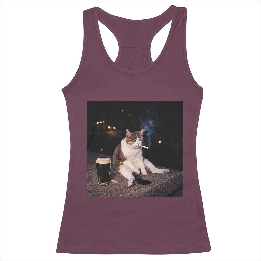 Funny Cigarette And Drinking Irish Stout Beer Cat Meme Racerback Tank Top