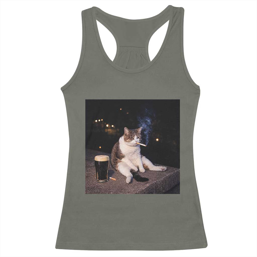 Funny Cigarette And Drinking Irish Stout Beer Cat Meme Racerback Tank Top