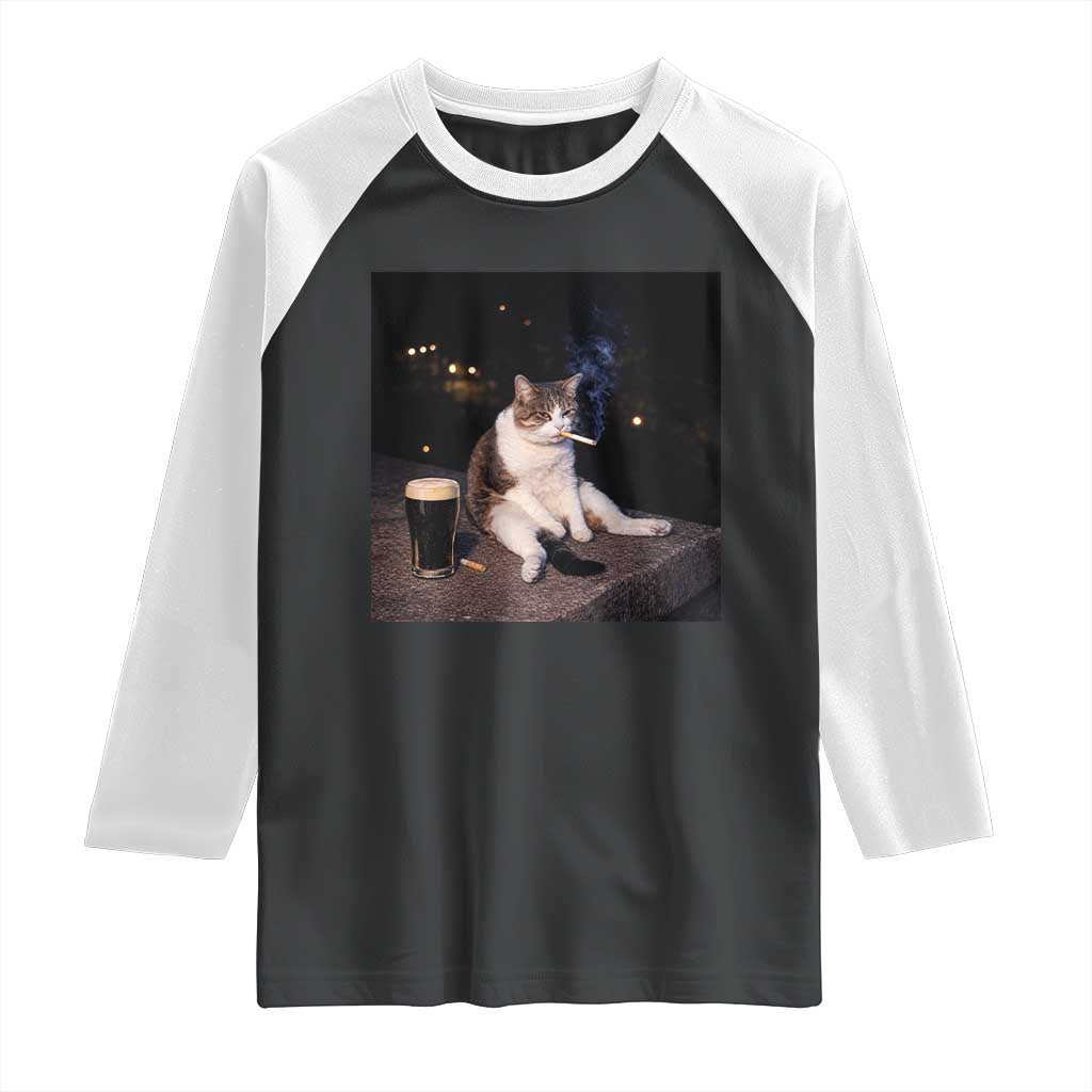 Funny Cigarette And Drinking Irish Stout Beer Cat Meme Raglan Shirt