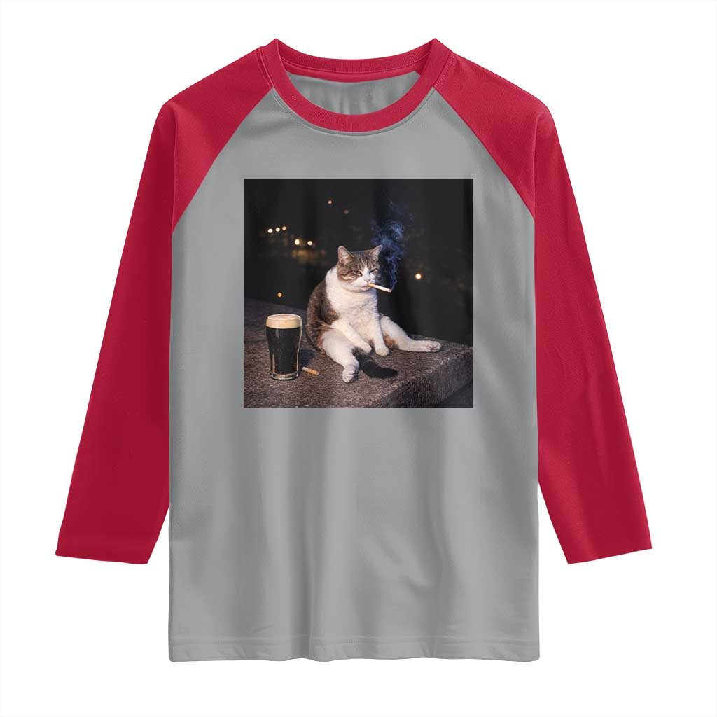 Funny Cigarette And Drinking Irish Stout Beer Cat Meme Raglan Shirt