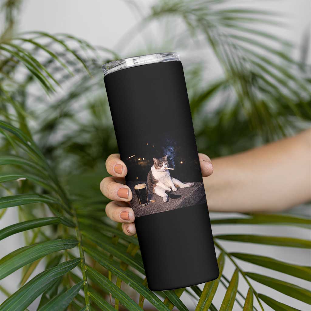 Funny Cigarette And Drinking Irish Stout Beer Cat Meme Skinny Tumbler