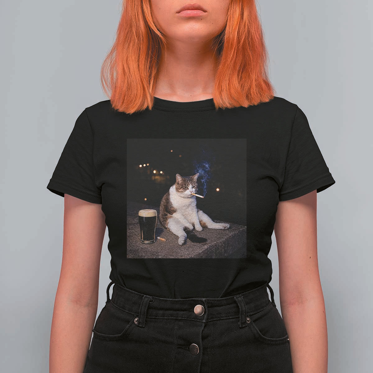 Funny Cigarette And Drinking Irish Stout Beer Cat Meme T Shirt For Women
