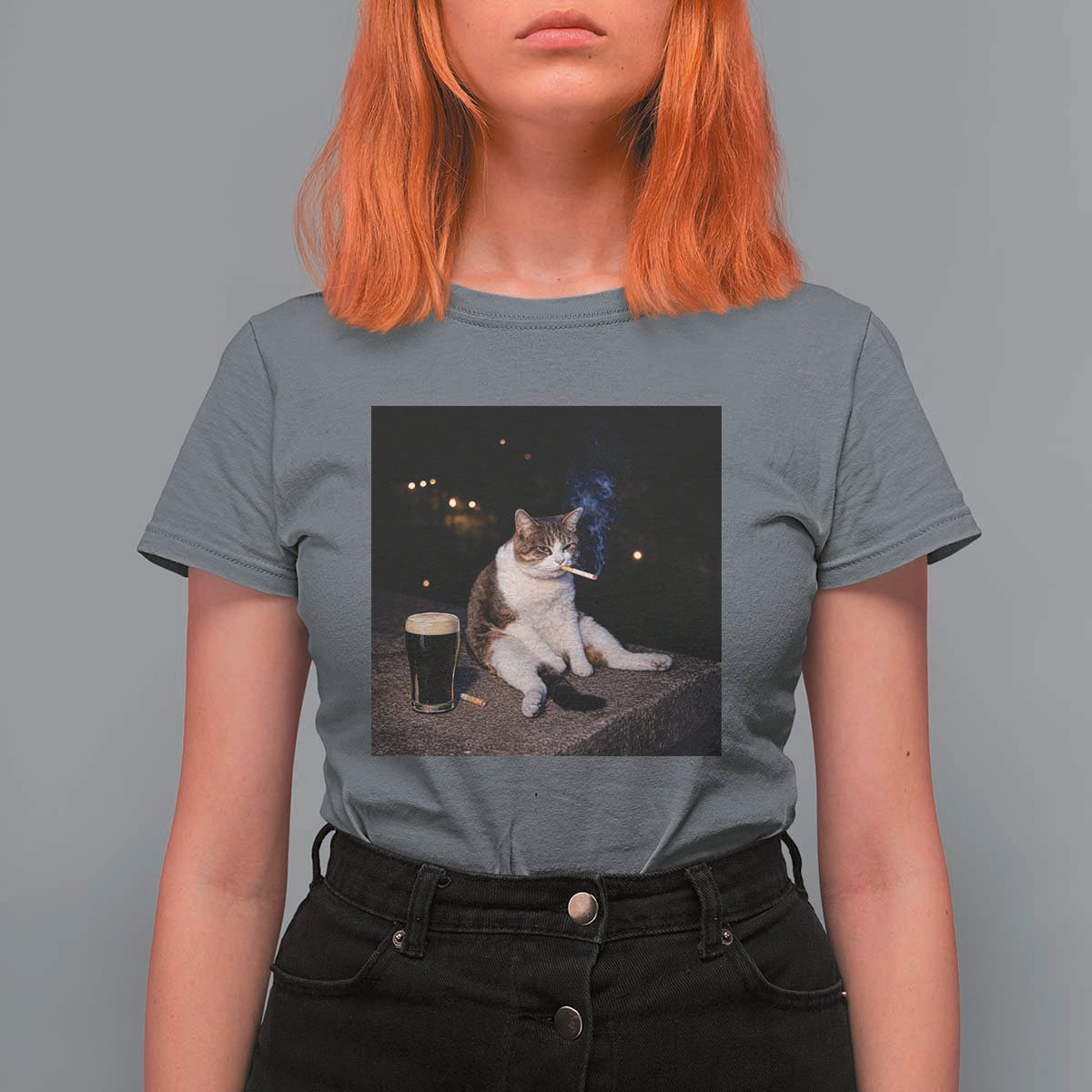 Funny Cigarette And Drinking Irish Stout Beer Cat Meme T Shirt For Women