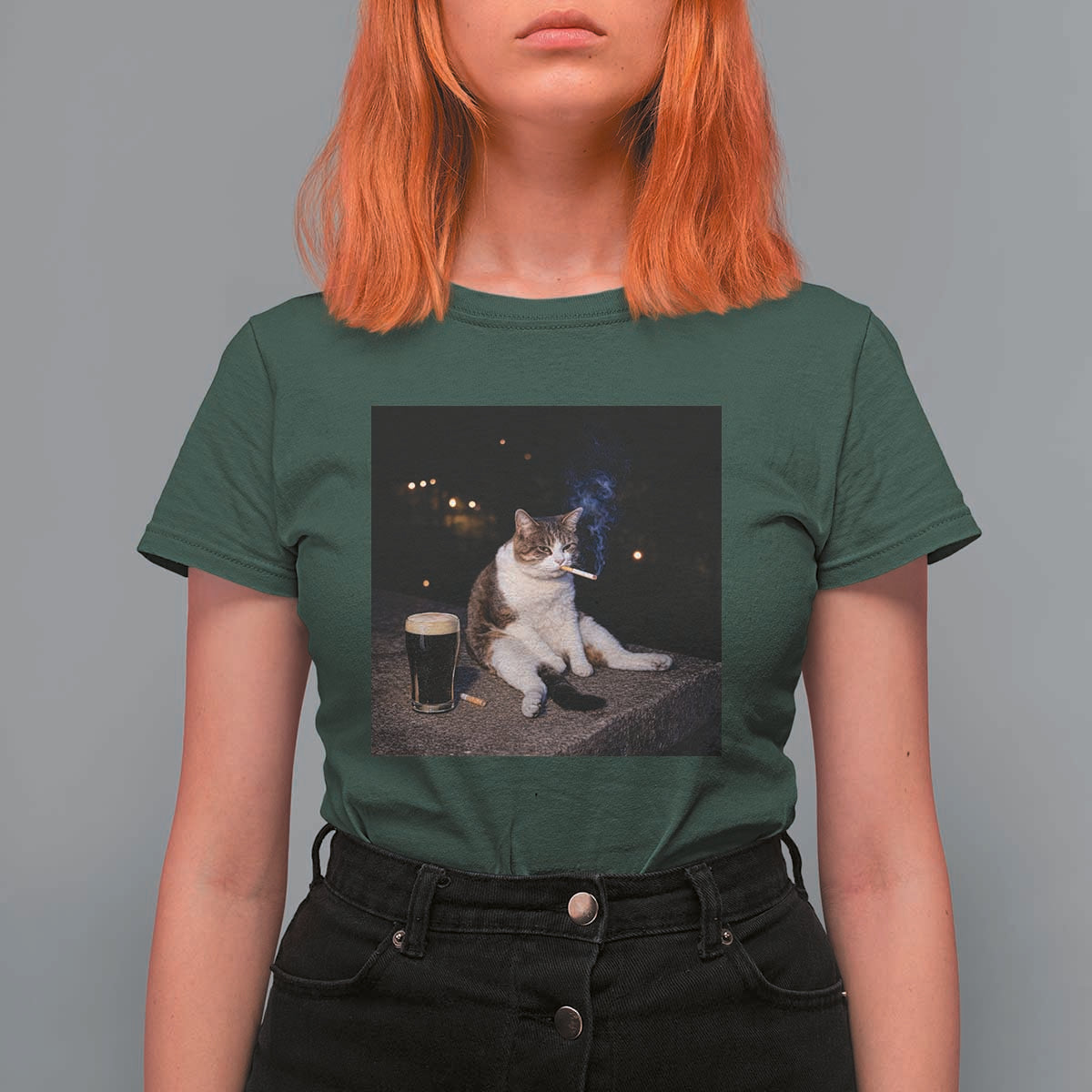 Funny Cigarette And Drinking Irish Stout Beer Cat Meme T Shirt For Women