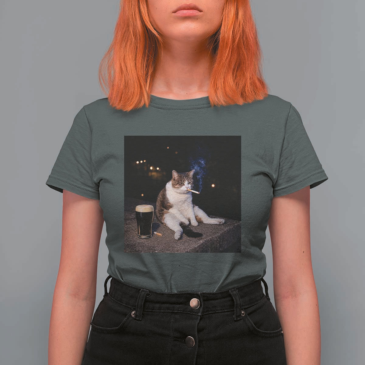 Funny Cigarette And Drinking Irish Stout Beer Cat Meme T Shirt For Women