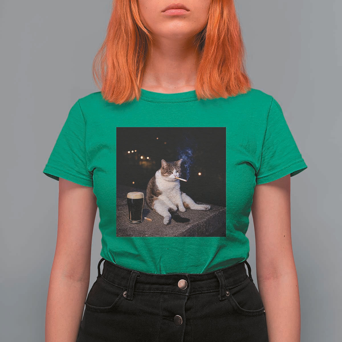 Funny Cigarette And Drinking Irish Stout Beer Cat Meme T Shirt For Women