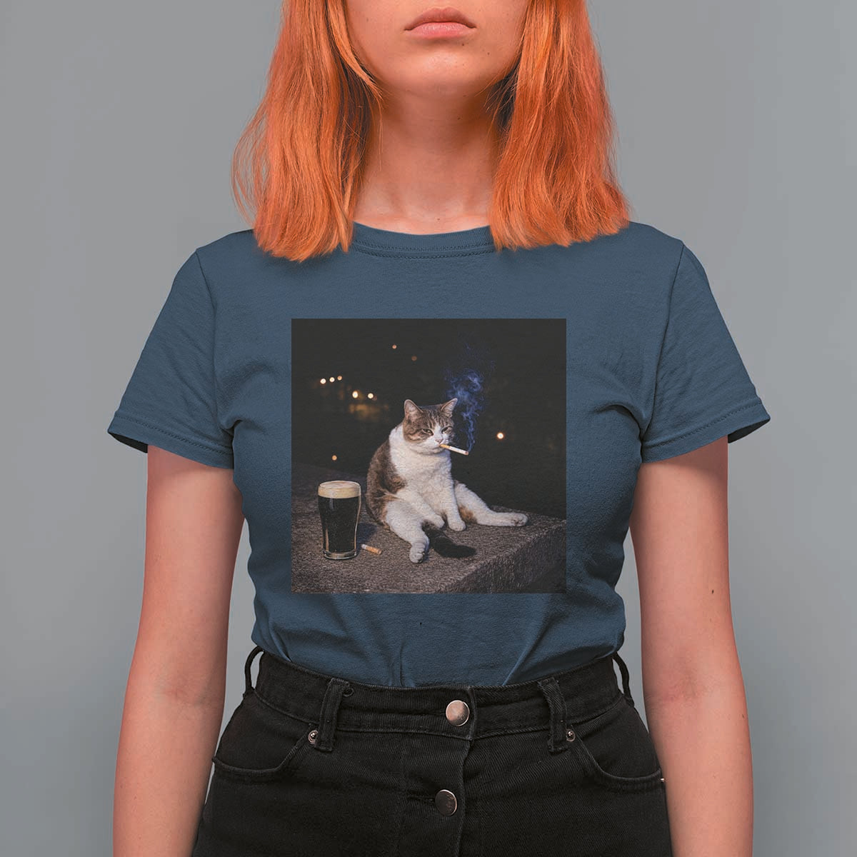 Funny Cigarette And Drinking Irish Stout Beer Cat Meme T Shirt For Women