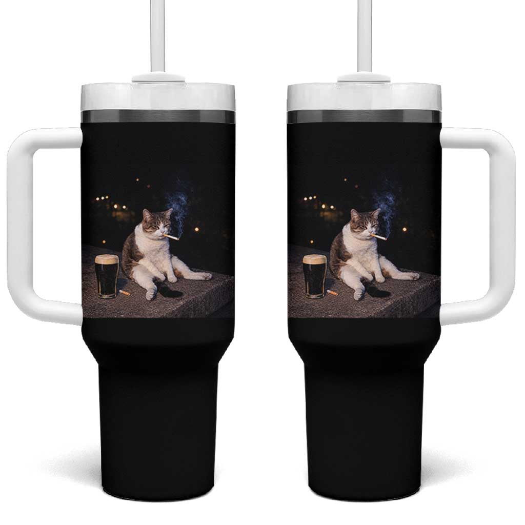 Funny Cigarette And Drinking Irish Stout Beer Cat Meme Tumbler With Handle