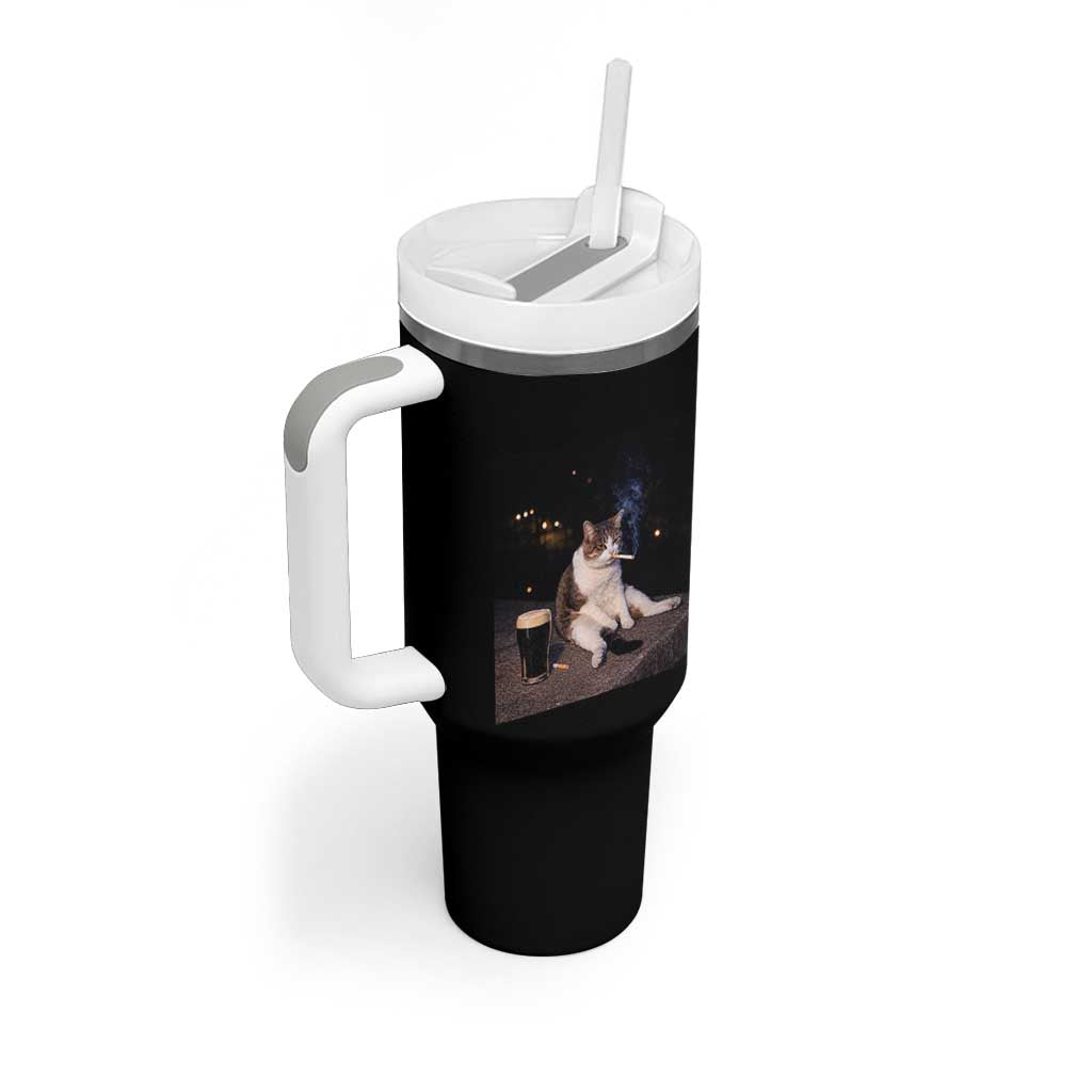 Funny Cigarette And Drinking Irish Stout Beer Cat Meme Tumbler With Handle
