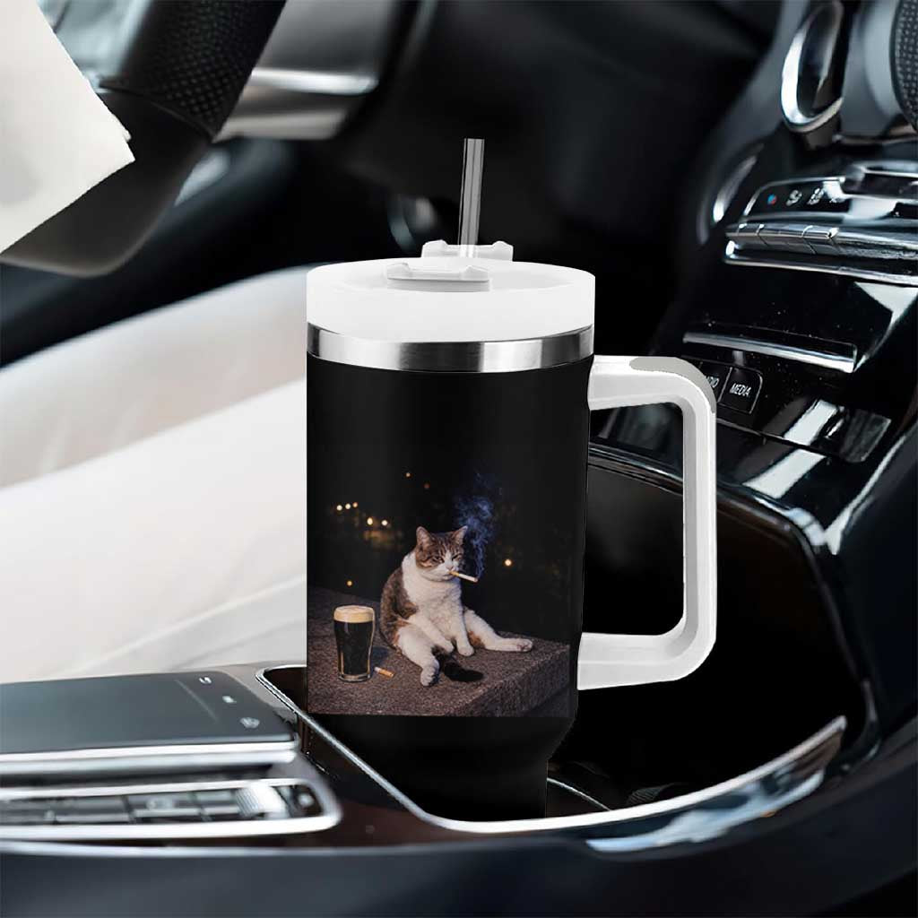 Funny Cigarette And Drinking Irish Stout Beer Cat Meme Tumbler With Handle