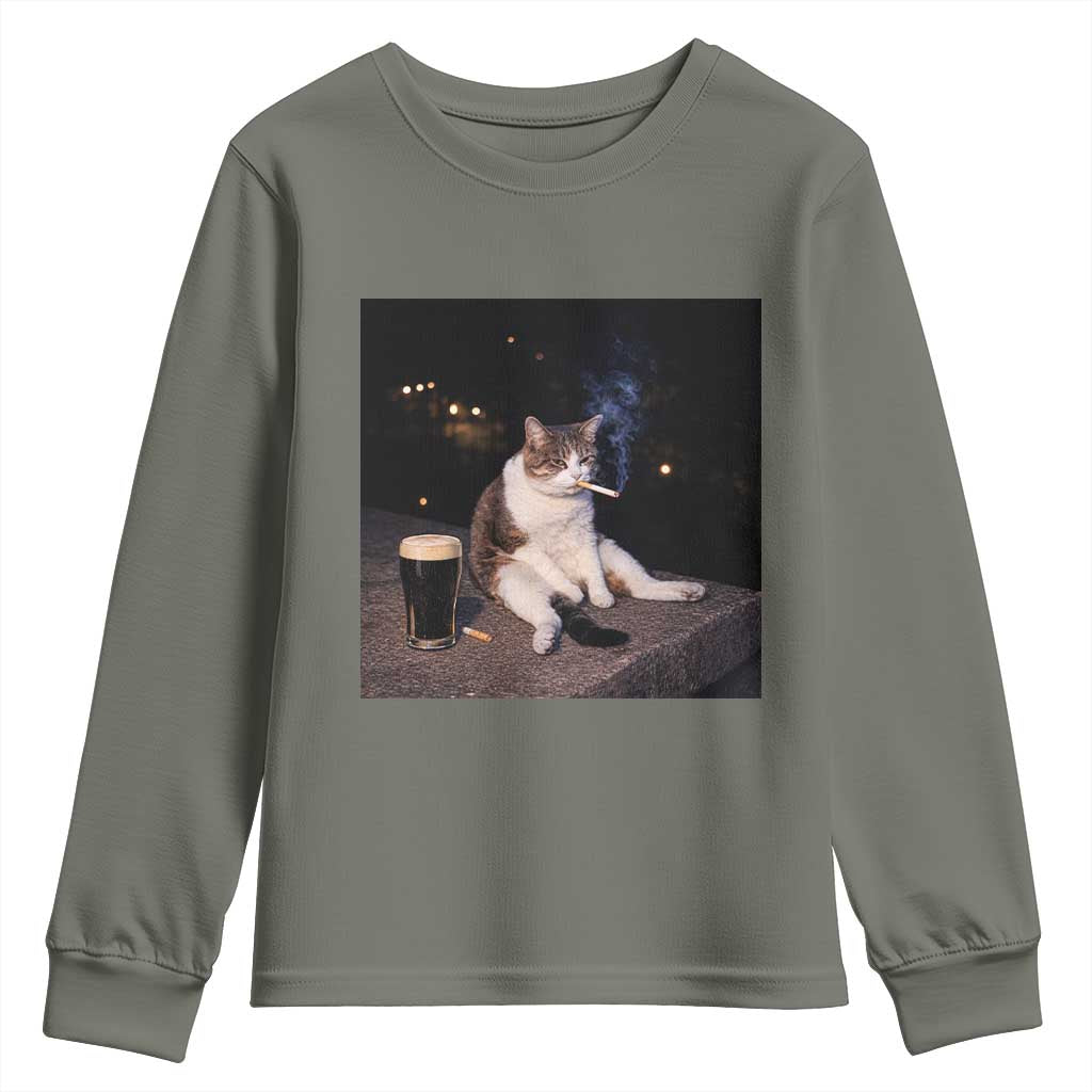 Funny Cigarette And Drinking Irish Stout Beer Cat Meme Youth Sweatshirt