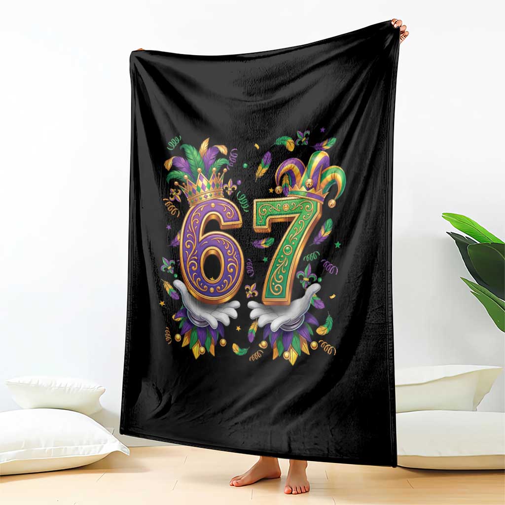 Funny 67 Mardi Gras Throw Blanket Six Seven Meme Carnival Hand Gesture