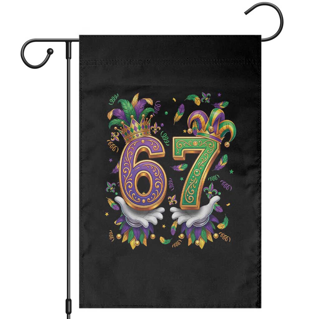 Funny 67 Mardi Gras Garden Flag Six Seven Meme Carnival Hand Gesture