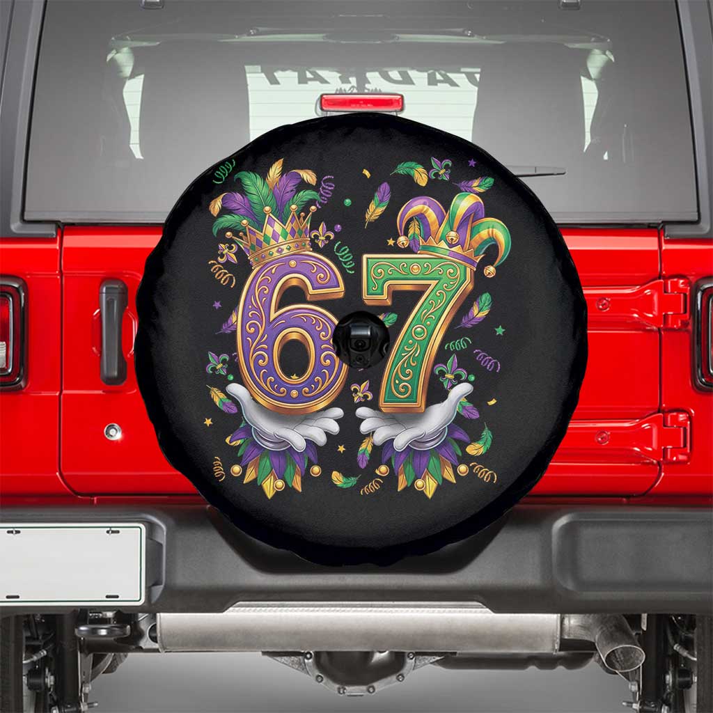 Funny 67 Mardi Gras Spare Tire Cover Six Seven Meme Carnival Hand Gesture