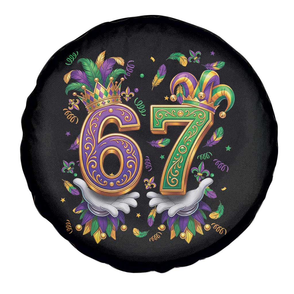 Funny 67 Mardi Gras Spare Tire Cover Six Seven Meme Carnival Hand Gesture