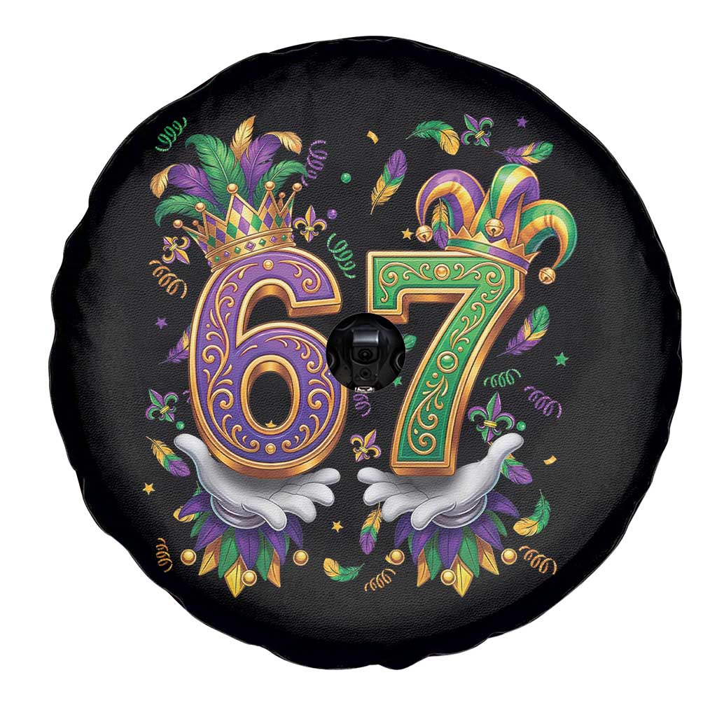Funny 67 Mardi Gras Spare Tire Cover Six Seven Meme Carnival Hand Gesture