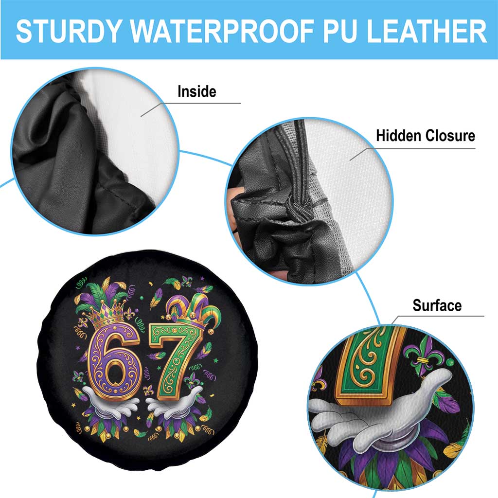 Funny 67 Mardi Gras Spare Tire Cover Six Seven Meme Carnival Hand Gesture