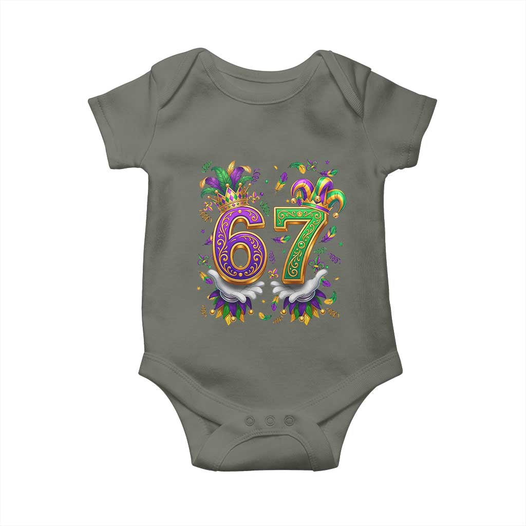 Funny 67 Mardi Gras Baby Onesie Six Seven Meme Carnival Hand Gesture