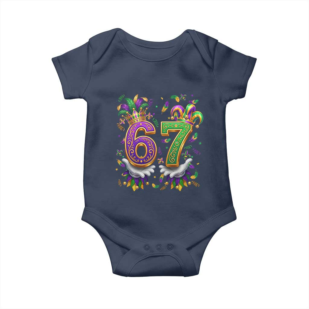 Funny 67 Mardi Gras Baby Onesie Six Seven Meme Carnival Hand Gesture