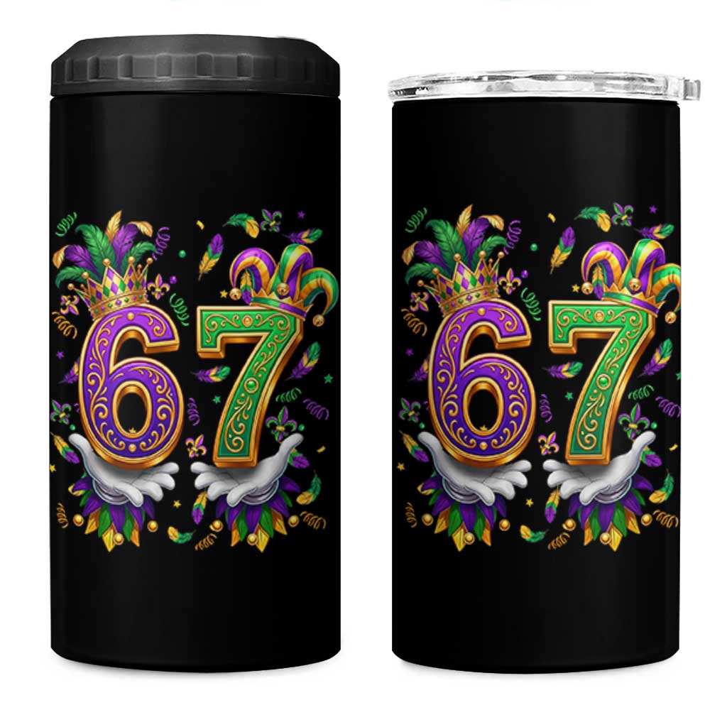 Funny 67 Mardi Gras 4 in 1 Can Cooler Tumbler Six Seven Meme Carnival Hand Gesture