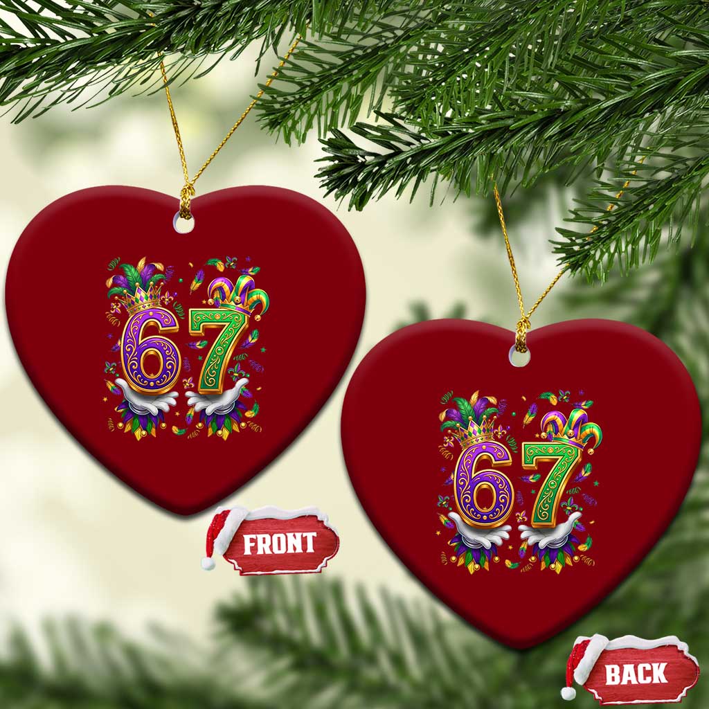 Funny 67 Mardi Gras Ceramic Ornament Six Seven Meme Carnival Hand Gesture