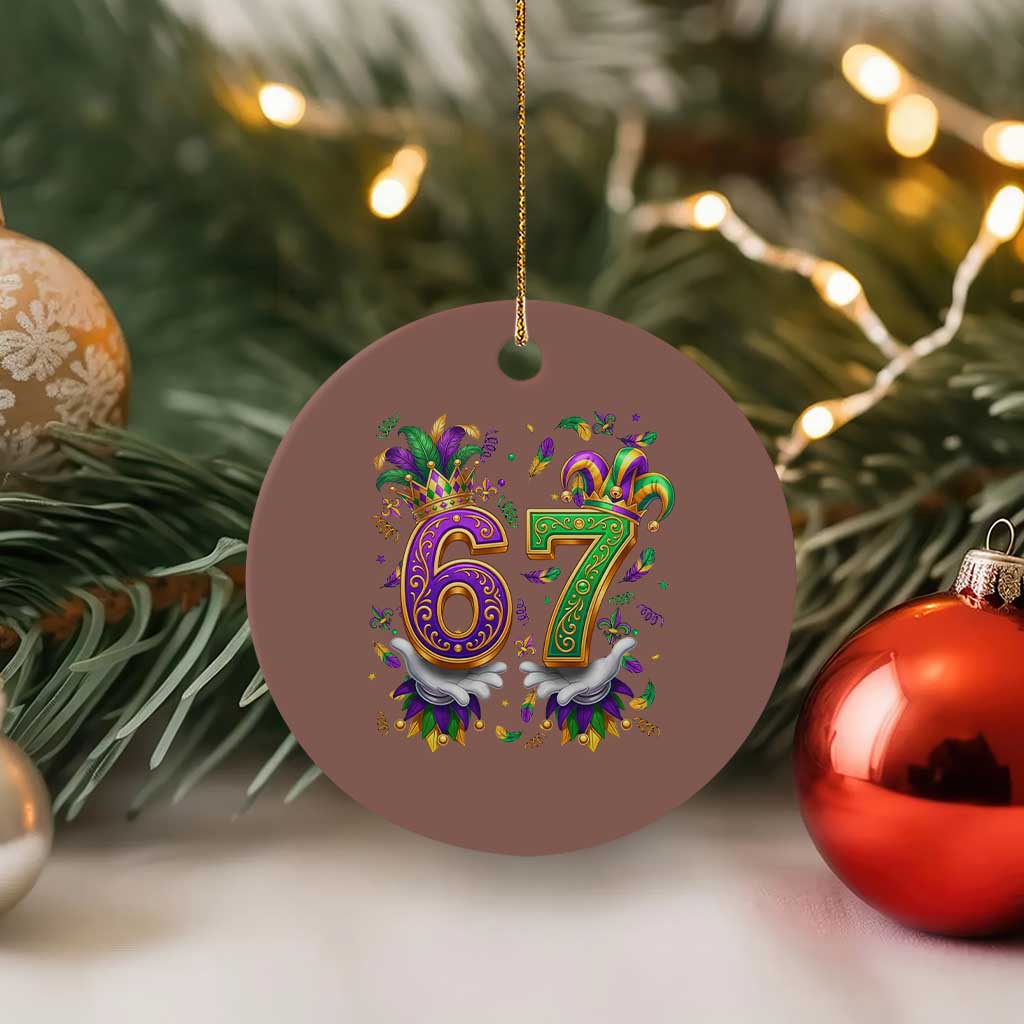 Funny 67 Mardi Gras Ceramic Ornament Six Seven Meme Carnival Hand Gesture