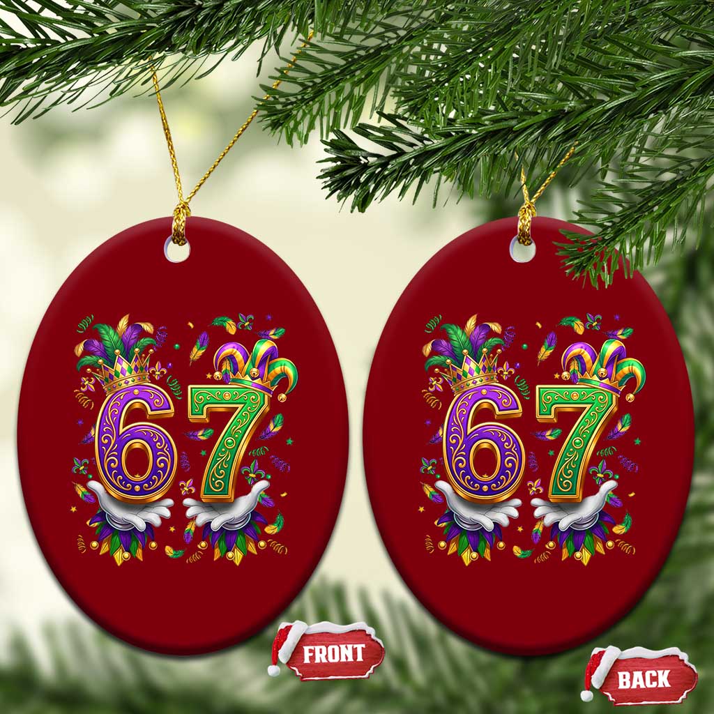 Funny 67 Mardi Gras Ceramic Ornament Six Seven Meme Carnival Hand Gesture